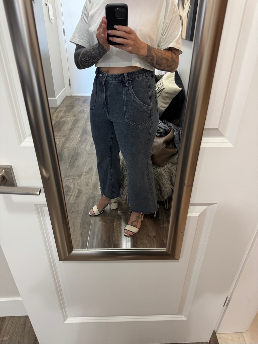 High-Waist Wide-Leg one x oneteaspoon grey cropped jeans - sz 29 (as is)